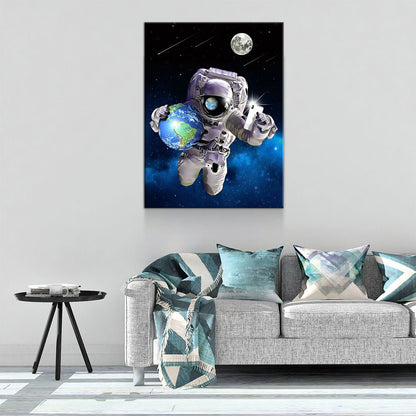 Save The World Selfie Canvas Wall Art - Astronaut Space Decor