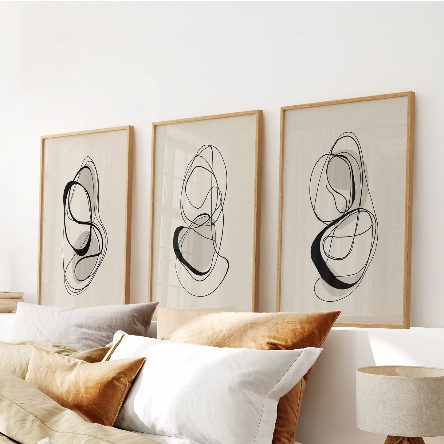 Black and beige abstract line wall art set of 3 prints
