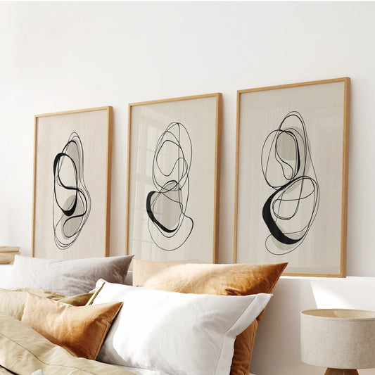 Black and beige abstract line wall art set of 3 prints