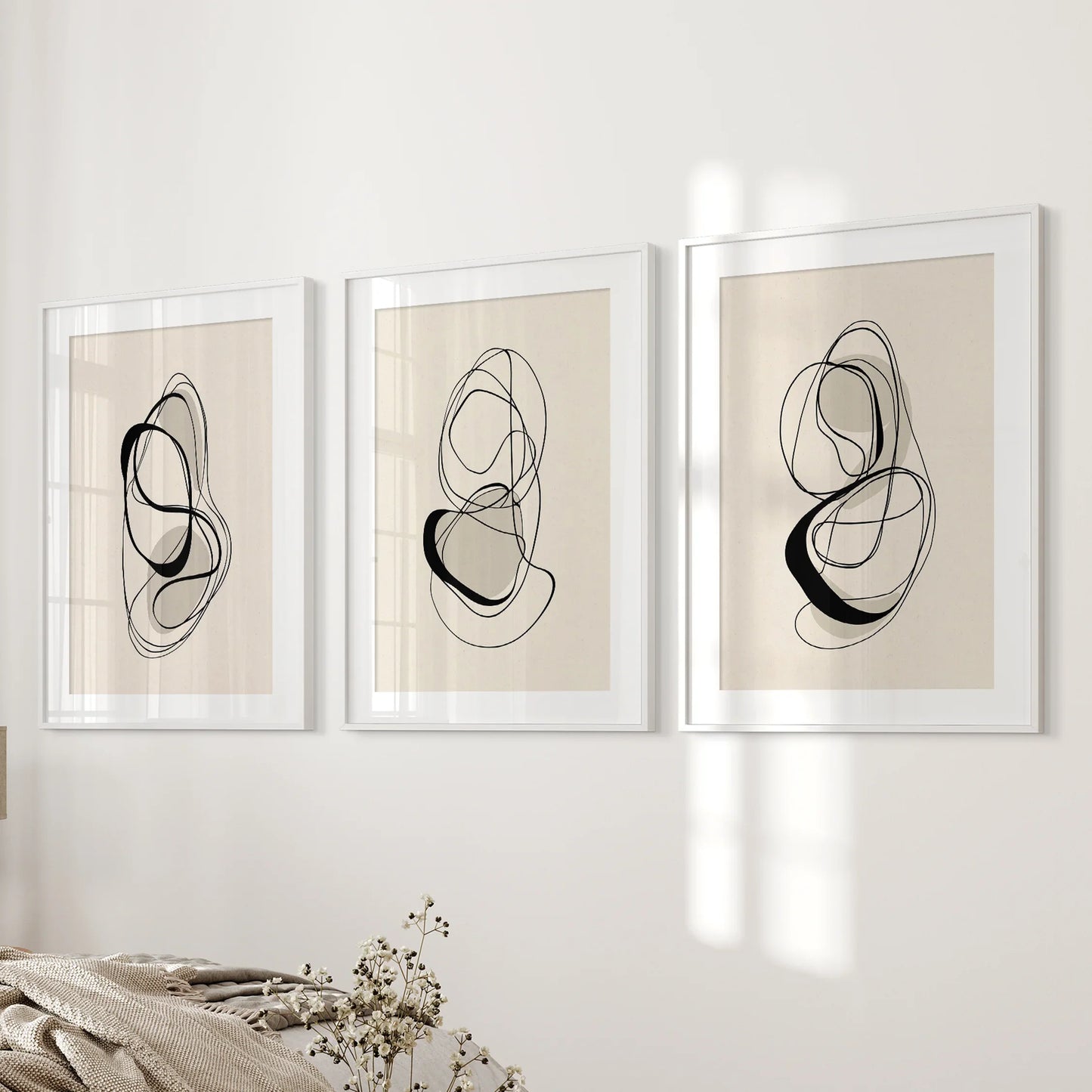 Black and Beige Abstract Wall Art Set of 3 Line Prints