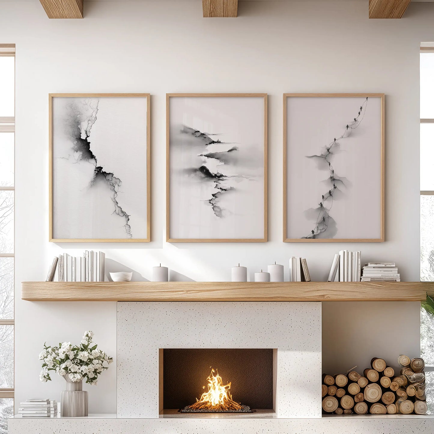 Abstract Mountain Wall Art, Black White 3 Piece Set