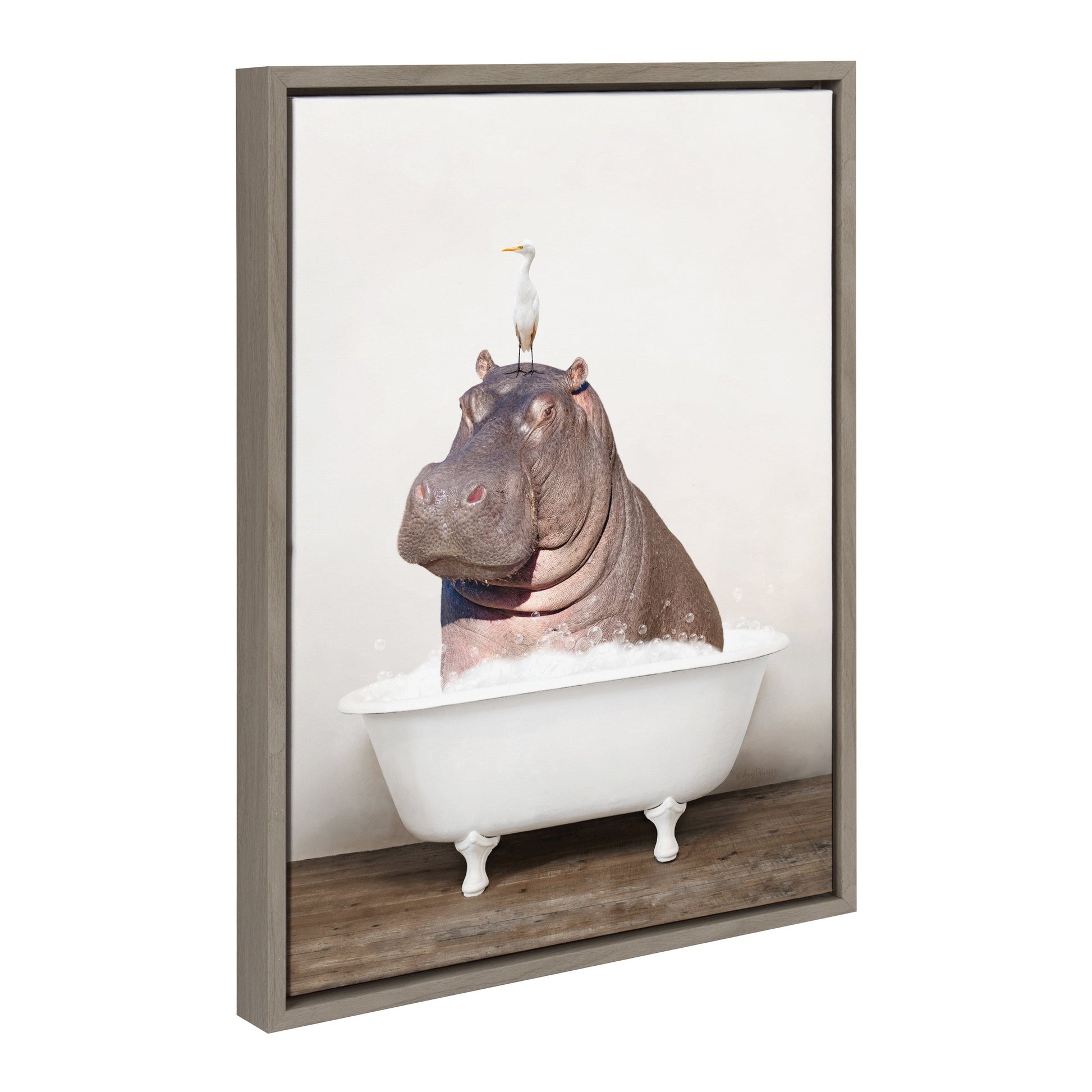 Funny hippo and bird in rustic bath framed canvas wall art