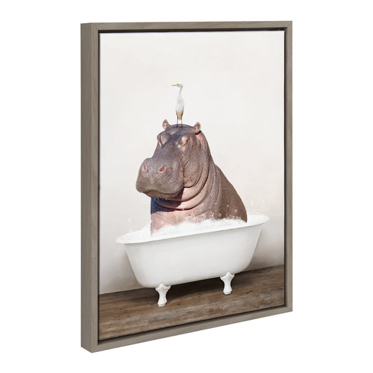 Funny hippo and bird in rustic bath framed canvas wall art