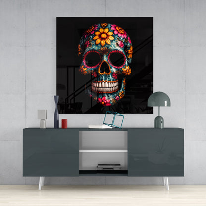 Flowery Skull Glass Wall Art
