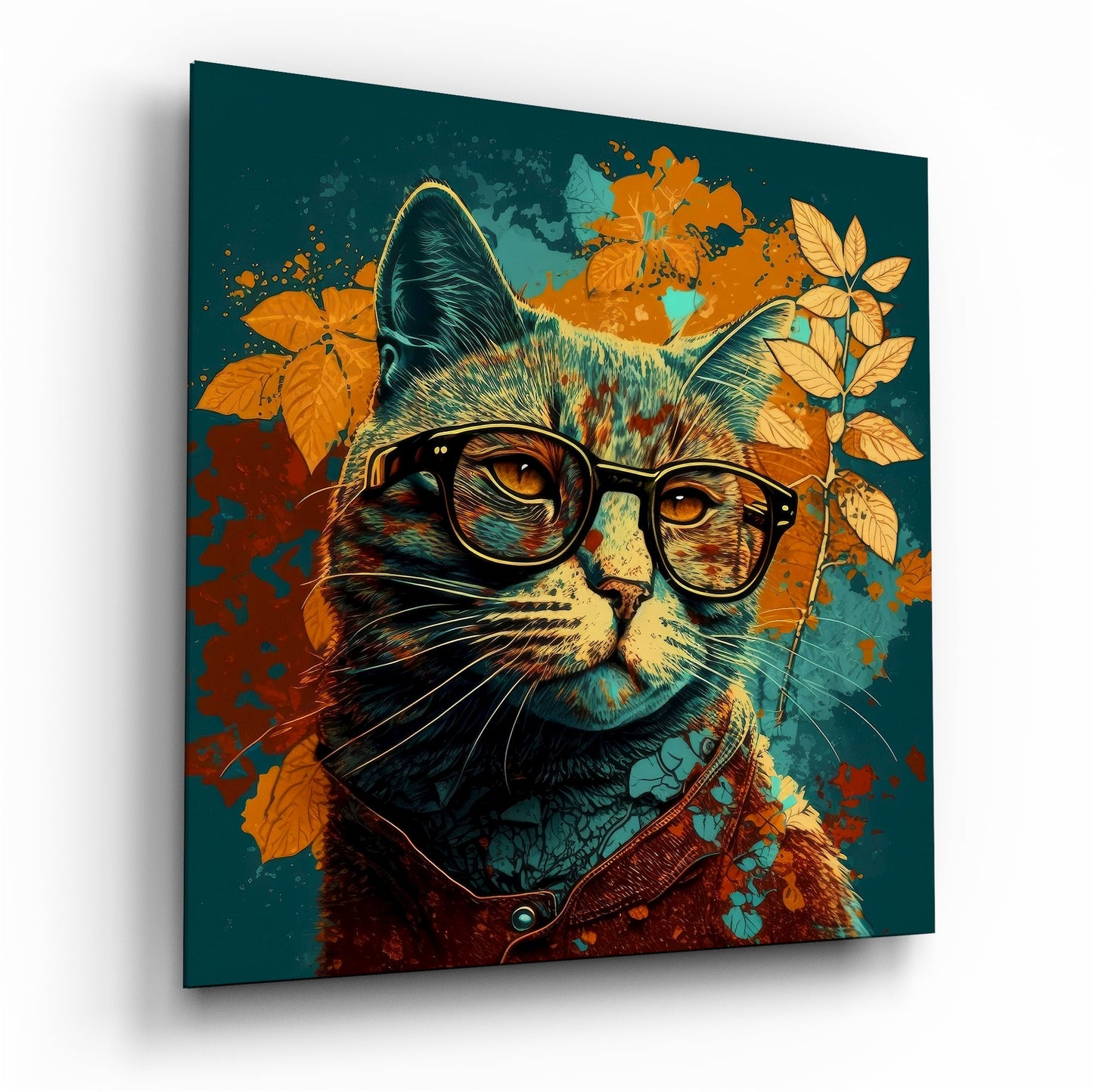 Intellectual Cat glass wall art bookish design