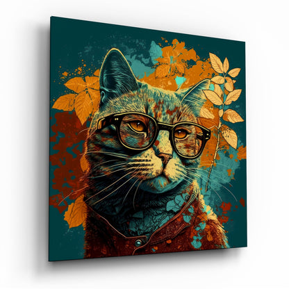 Intellectual Cat glass wall art bookish design