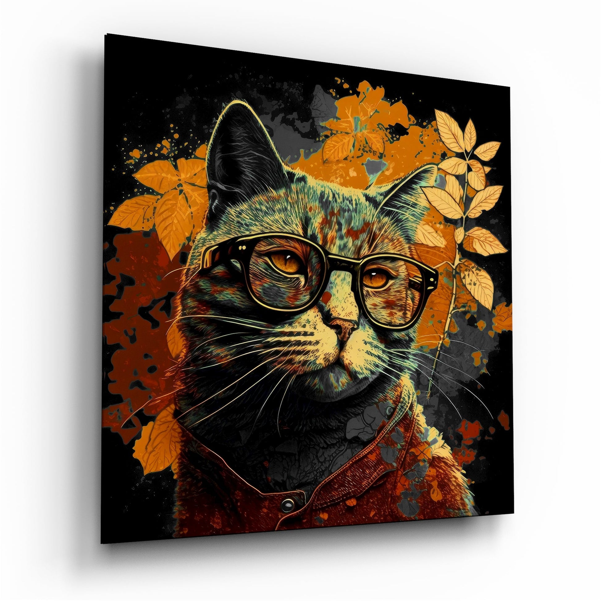 Intellectual Cat glass wall art bookish design
