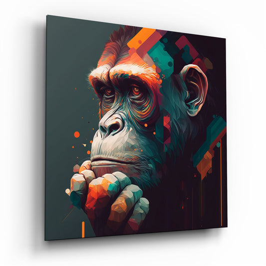 Ape the Thinker glass wall art gorilla portrait hanging on wall