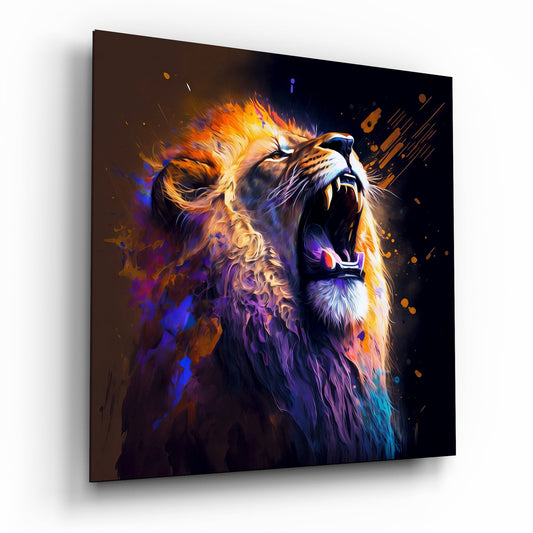 Roaring lion colorful glass wall art, bold orange and purple lion on tempered glass