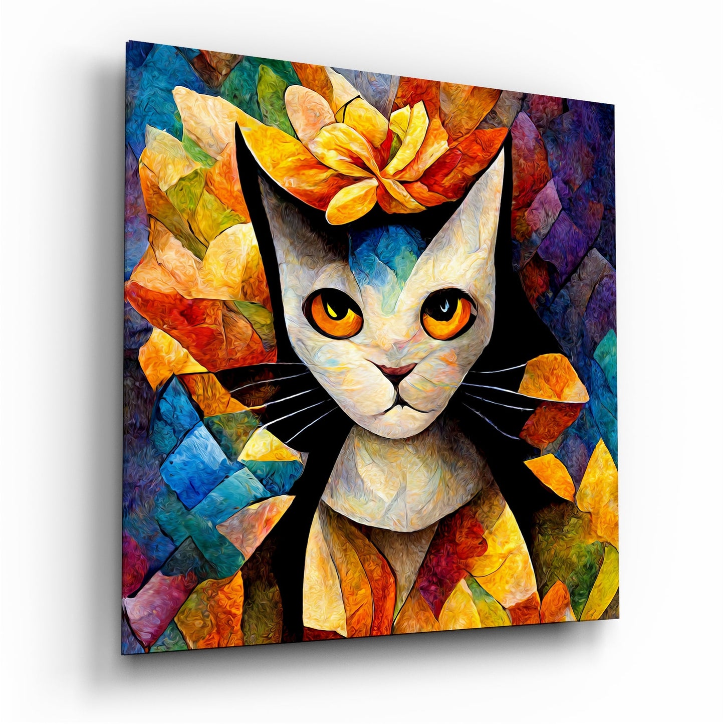 Amigucat glass wall art hanging on a modern wall