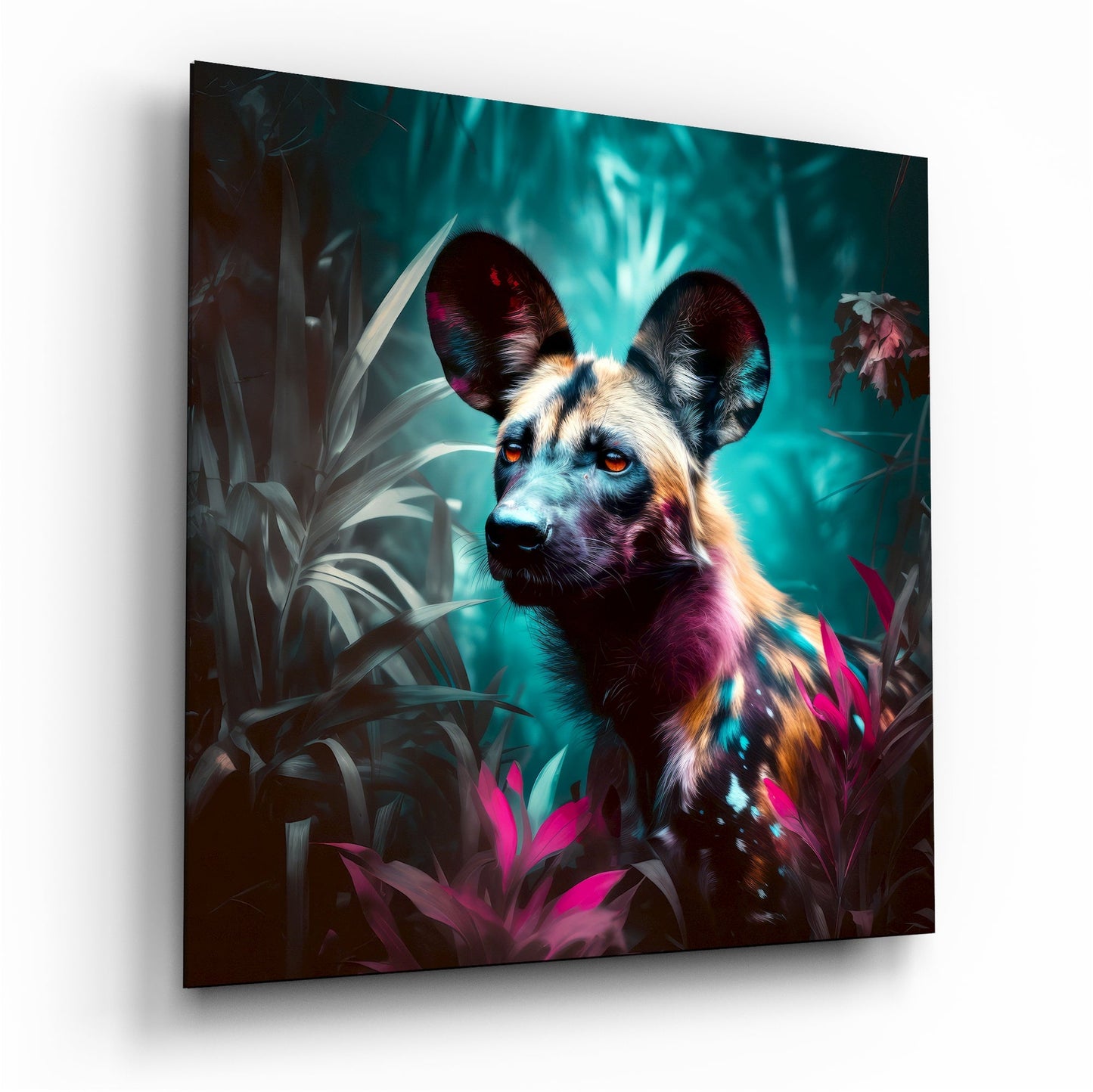 Forest dog glass wall art, dog in a woodland scene on high-gloss tempered glass