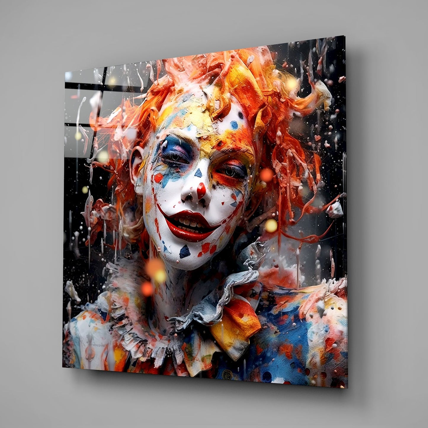Circus Face Orange Hair Paint Splash Glass Wall Art