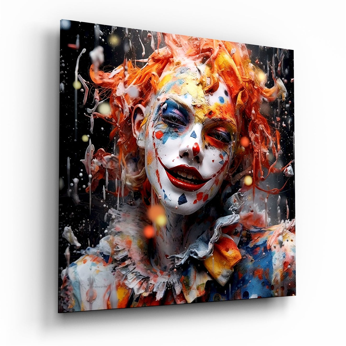 Circus face orange hair paint splash glass wall art