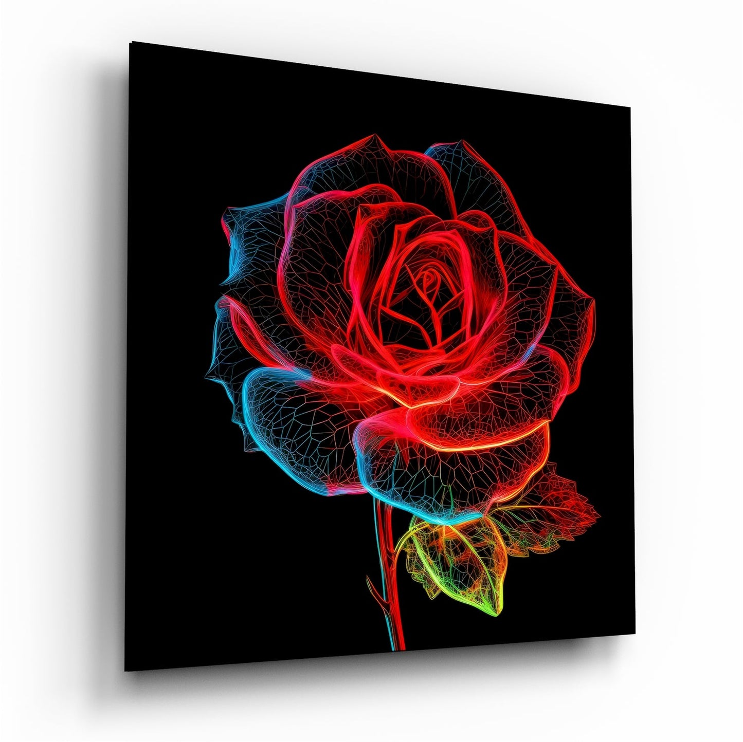 Glowing neon outline rose glass wall art