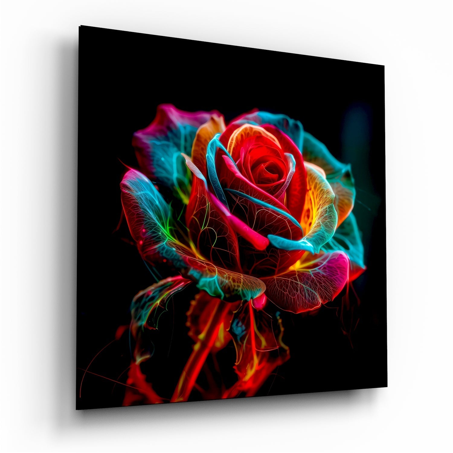 Vibrant Neon Multicolor Rose floral glass wall art