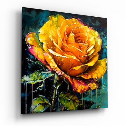 Yellow Rose glass wall art hanging on wall