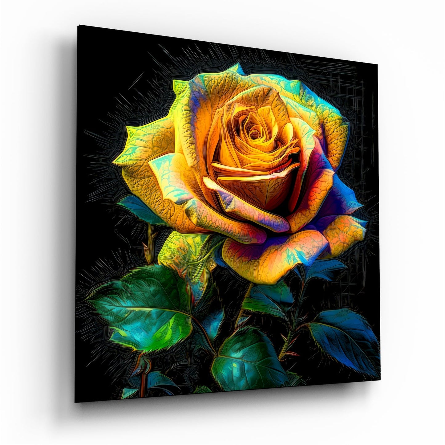 Yellow Rose glass wall art hanging on wall