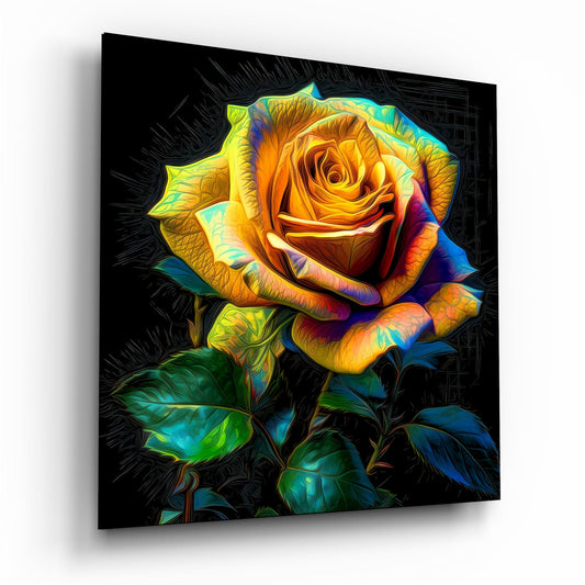 Yellow Rose glass wall art hanging on wall