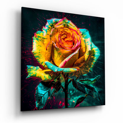 Yellow Rose glass wall art hanging on wall