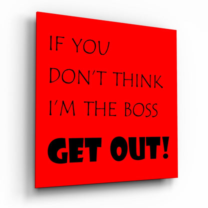 Red background black boss quote glass wall art