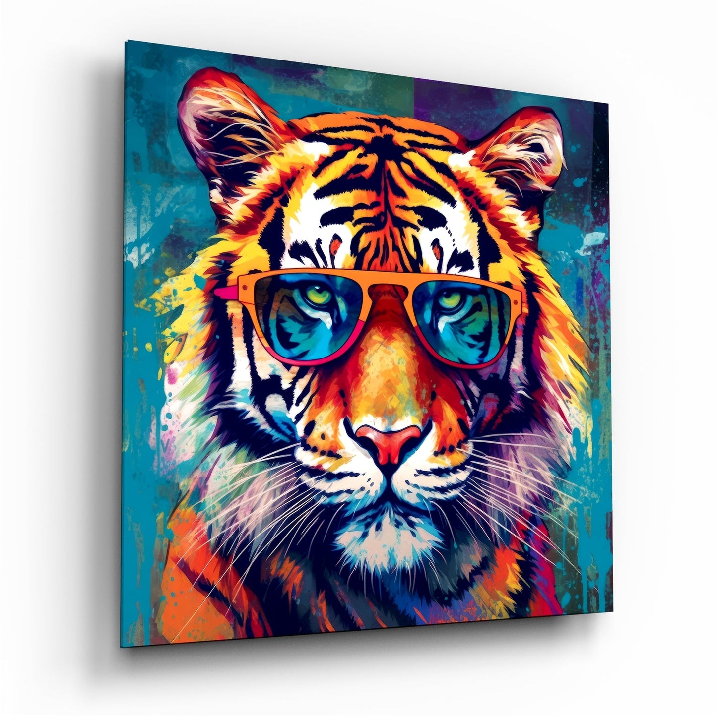 Teal pop tiger in sunglasses glass wall art