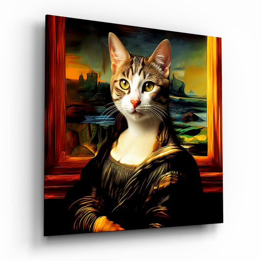 Monalisa Cat glass wall art, a painterly feline portrait on glossy tempered glass