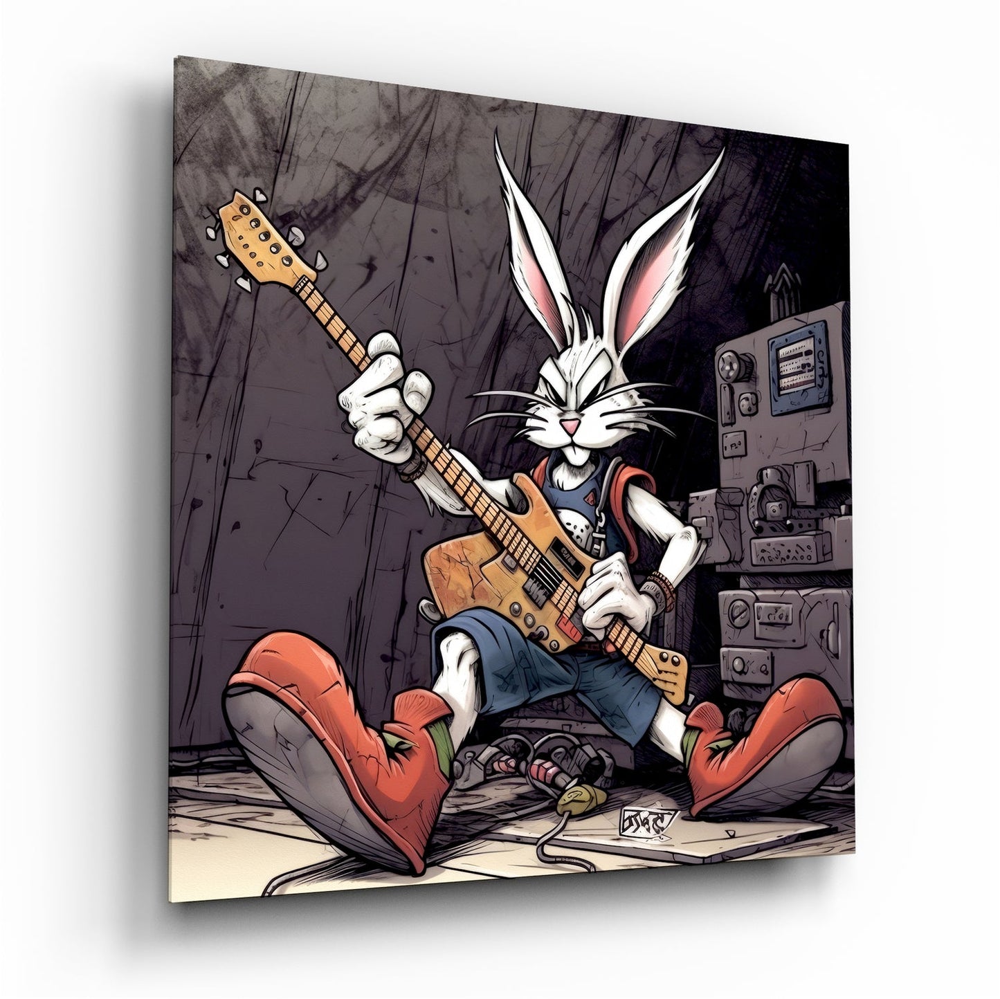 Rocker Rabbit glass wall art with playful punk-rock style