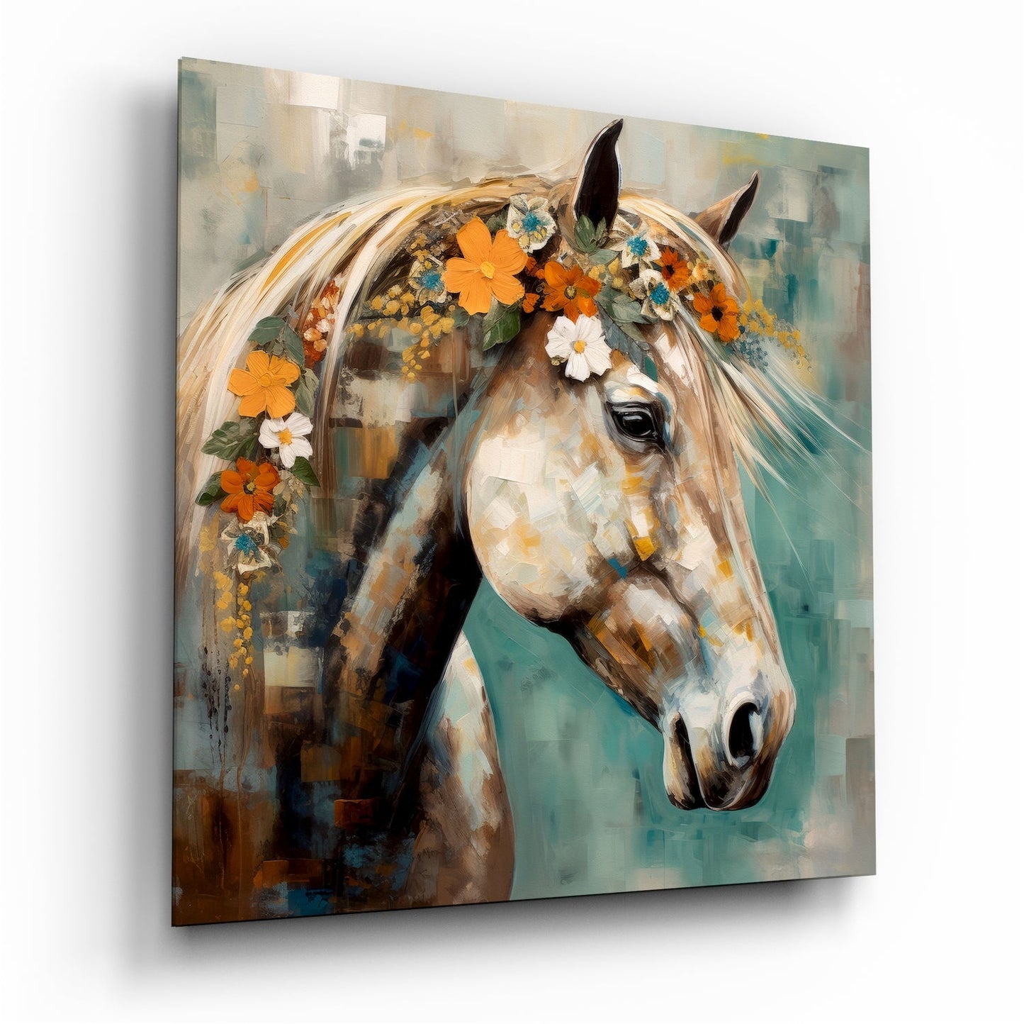 Orange blossom crowned horse glass wall art