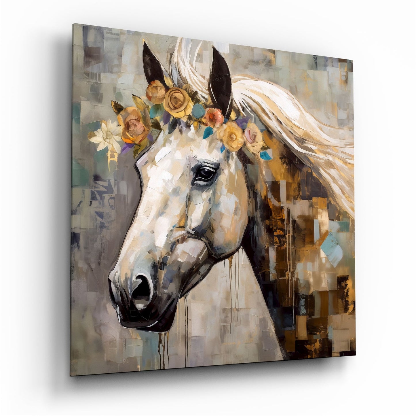 Golden roses white horse glass wall art