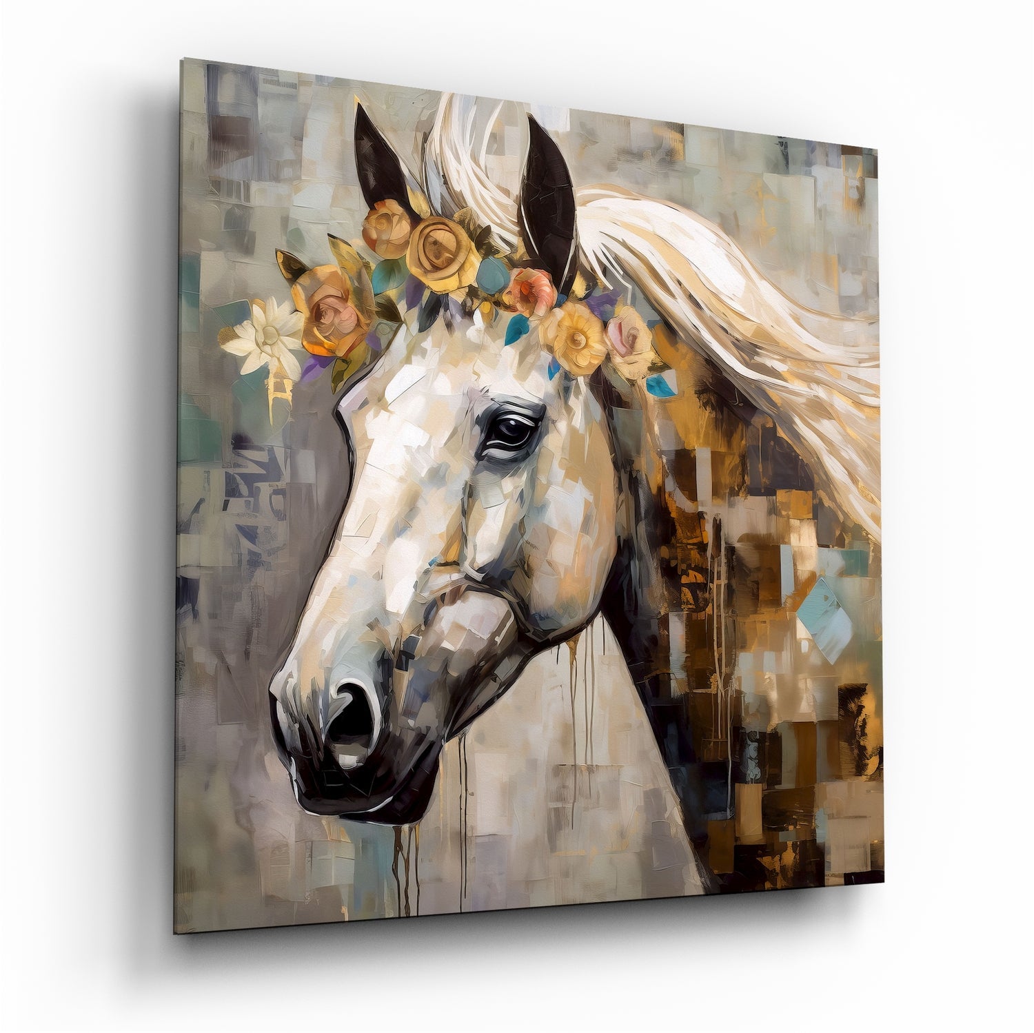Golden roses white horse glass wall art