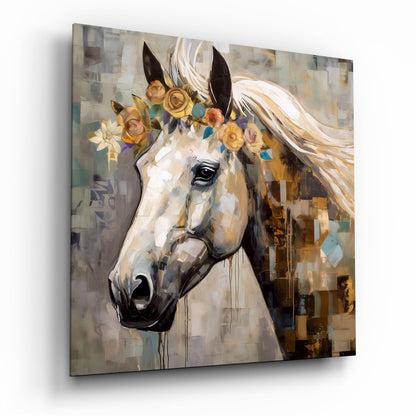 Golden roses white horse glass wall art