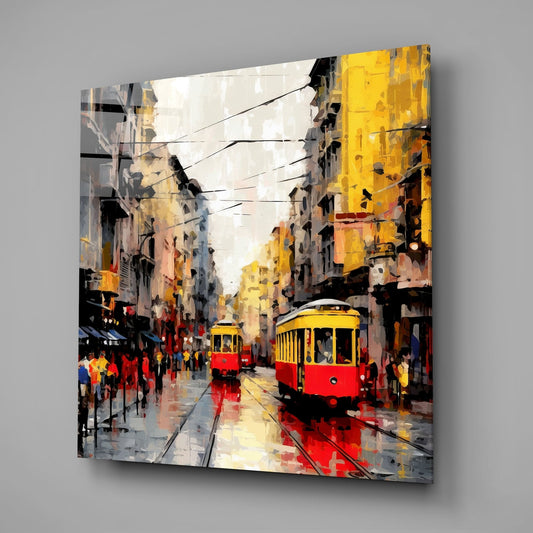 Yellow tram on a rainy avenue square glass wall art on a plain gray wall