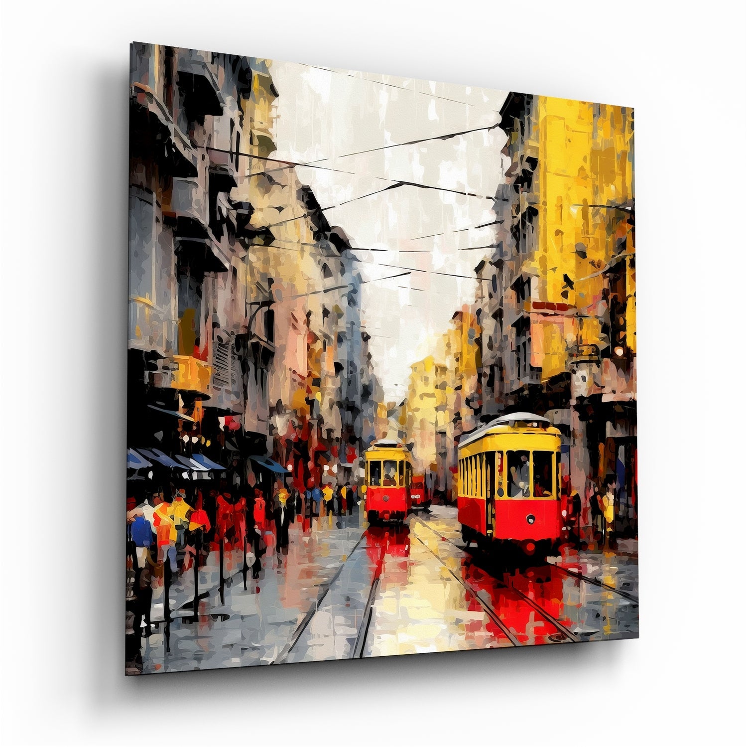 Yellow Tram Rainy Avenue Glass Art