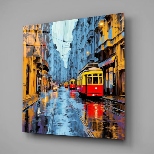 Blue dusk tram on a rainy street square glass wall art on a plain gray wall