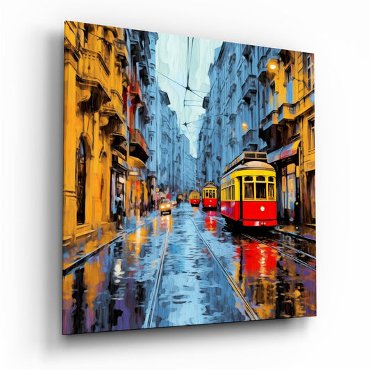 Blue dusk tram on a rainy street glass wall art on a white background