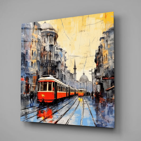 Red tram under an amber sky square glass wall art on a plain gray wall