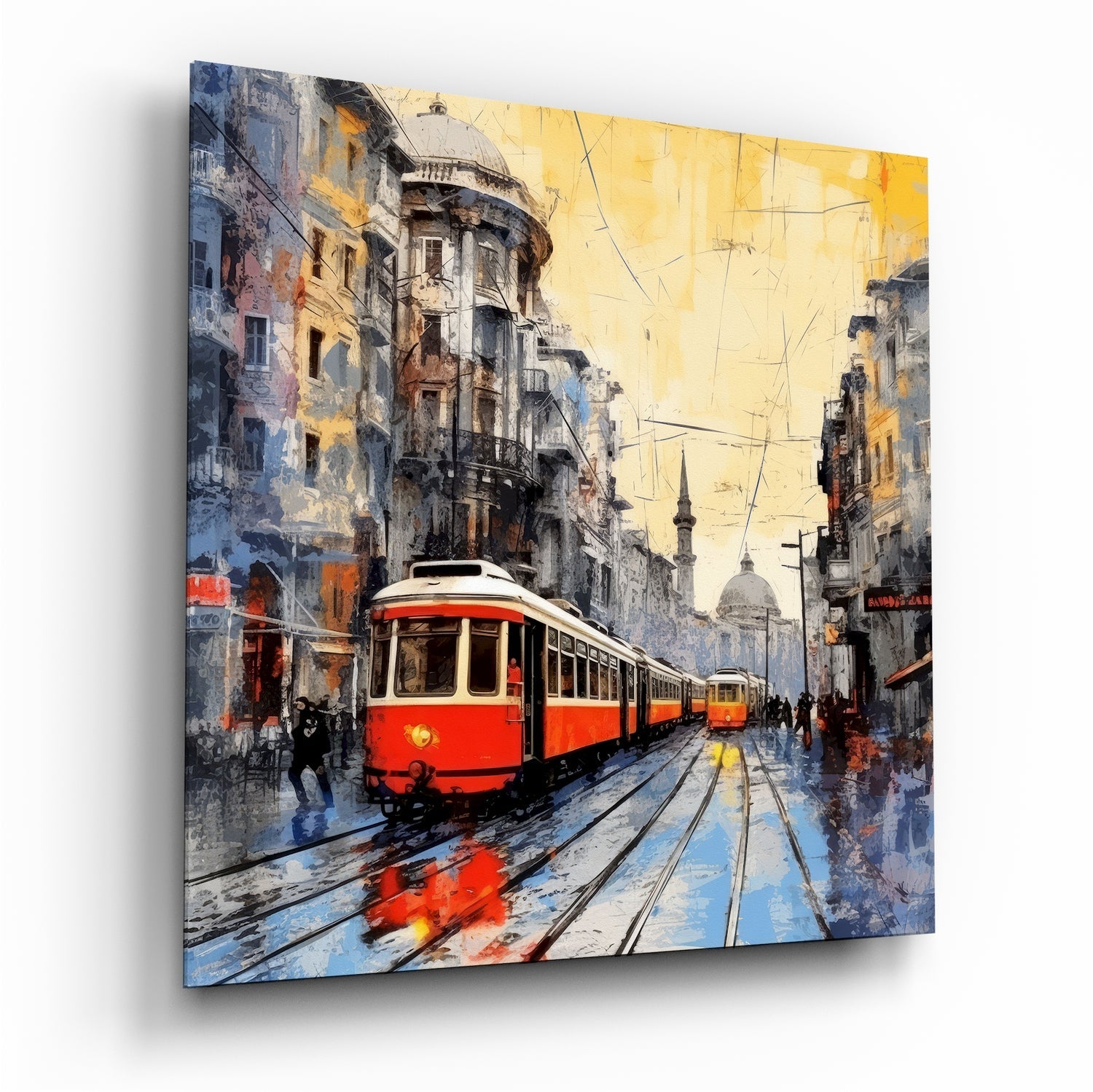 Amber sky red tram glass wall art