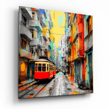 Vintage tram cityscape glass wall art print