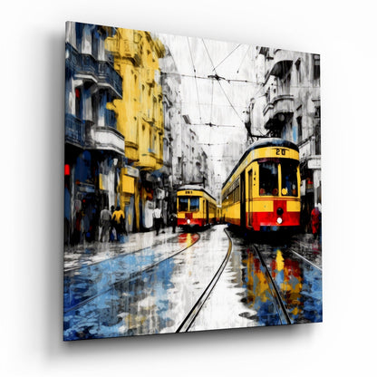 Two Trams Wet Tracks cityscape glass wall art