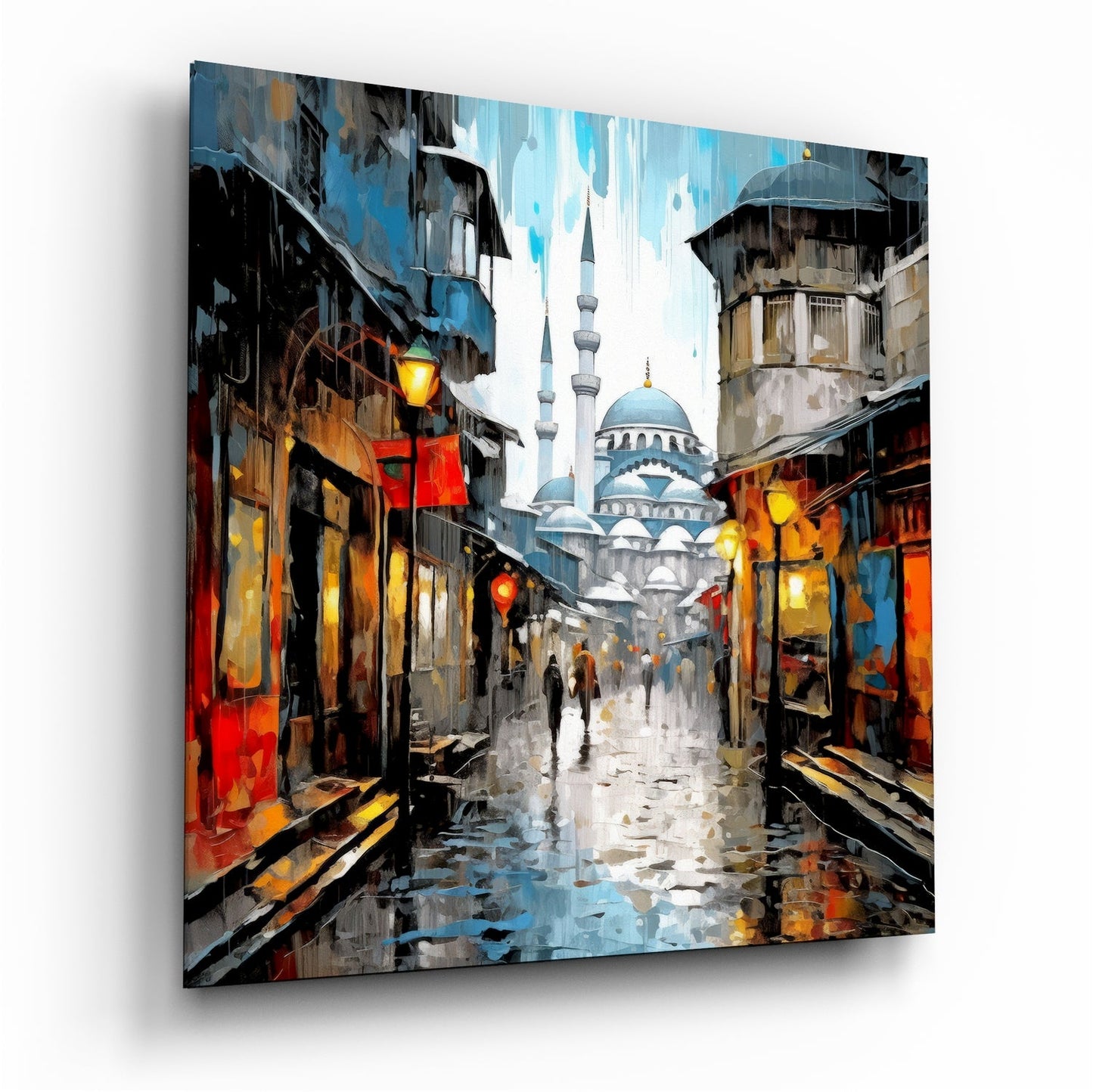 Rainy mosque street with lanterns glass wall art