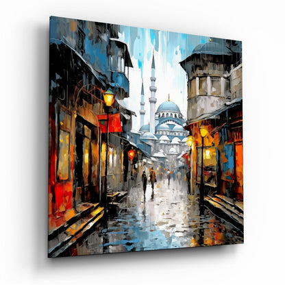 Rainy mosque street with lanterns glass wall art