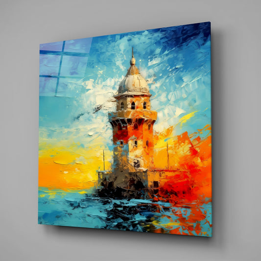 Sea tower sunset glass wall art on a plain gray wall