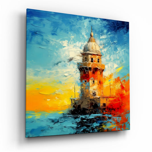Stone sea tower at an orange sunset glass wall art in bold turquoise strokes, angled on white