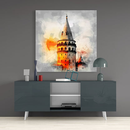 Galata Tower Orange Splash Glass Wall Art