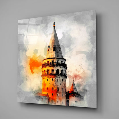 Galata Tower Orange Splash Glass Wall Art