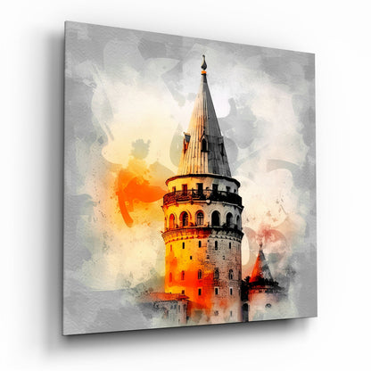 Galata Tower orange splash glass wall art