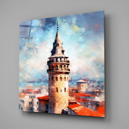 Galata Tower and rooftops glass wall art on a pale gray wall with a window reflection on the glass