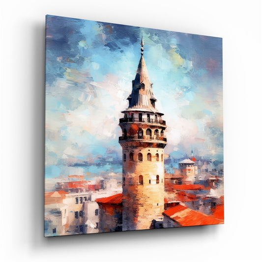 Galata Tower rising above red Istanbul rooftops under a cloudy blue sky, glass wall art on a white background