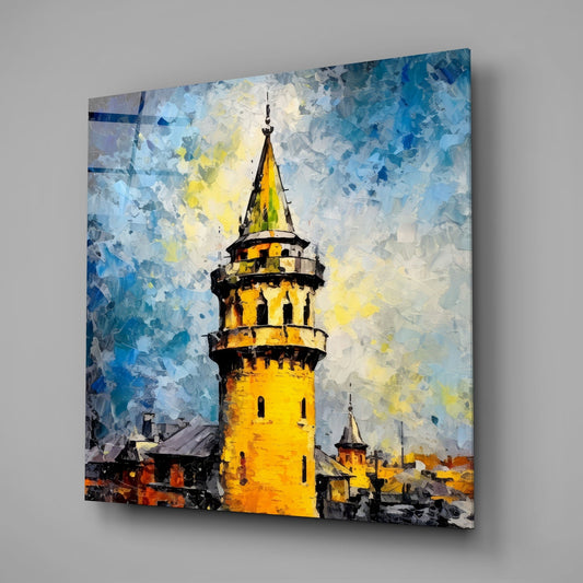 Golden Galata Tower glass wall art on a pale gray wall with a window reflection on the glass