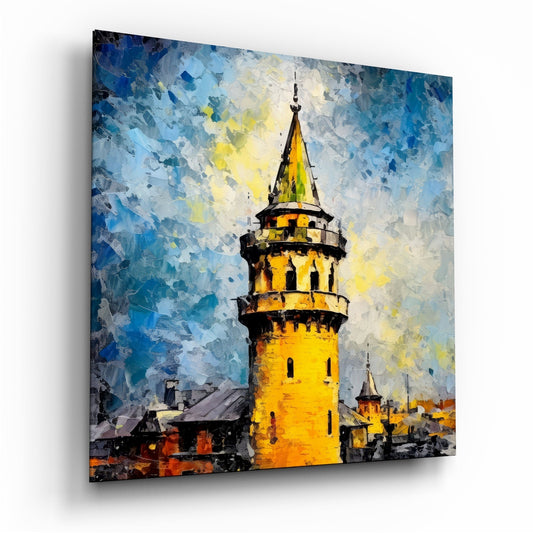 Golden yellow Galata Tower above dark rooftops under a swirling blue and yellow sky, glass wall art on white